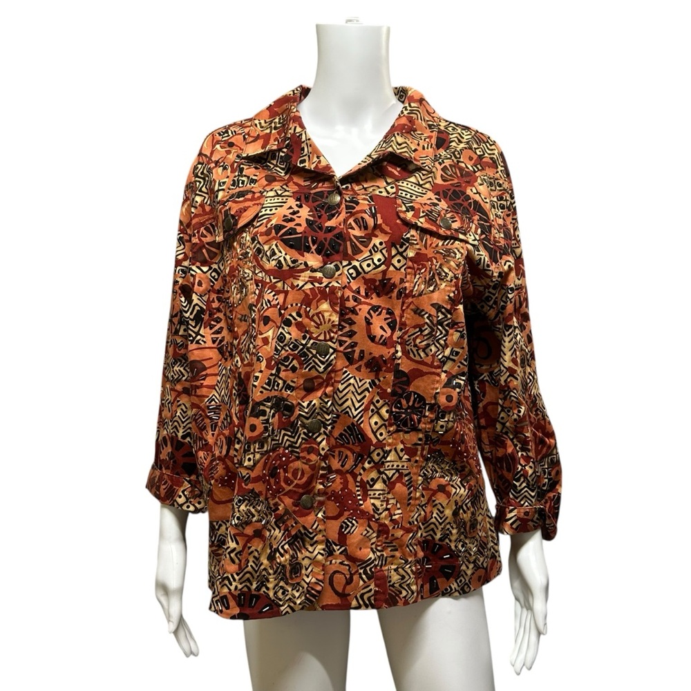 Attitude Orange Black Tribal Pattern Beading Lightweight Blazer Size XL